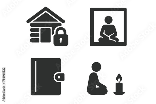Icons of Private Retreats. Solid style icons of private retreat spaces: cabin with lock icon, single room symbol, private journal