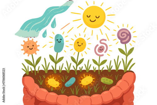 Radiant Microbial Garden. Healthy gut garden with microbes as glowing flowers, fiber as water, and sunshine beaming down happily