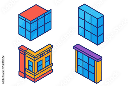 Bold Facade Designs. Isometric vector illustration set Facades – curtain wall, curtain glazing, spandrel panel; mullion grid,