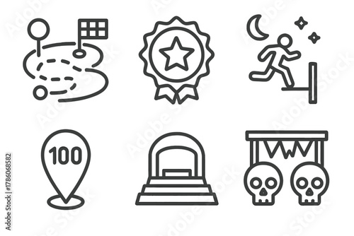OCR Icon Set. Line style icons of OCR types and formats: sprint distance map, endurance race badge, night OCR icon, ultra-distance