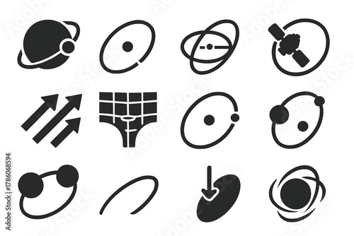Orbital Mechanics Icons. Solid style icons of orbital mechanics: planet with orbiting path, elliptical trajectory, orbital nodes,