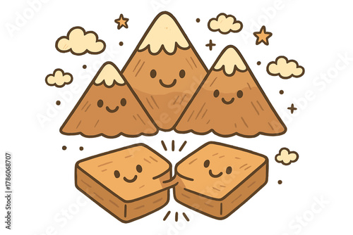Whimsical Mountain Doodle. Cheerful doodle mountain formation scene with happy peaks, cartoon tectonic plates with faces colliding