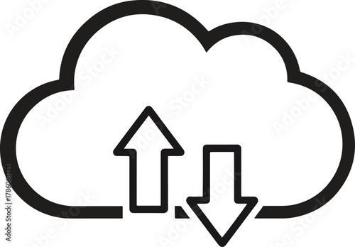 Cloud storage icon with upload and download arrows representing data transfer and synchronization services, digital technology concept