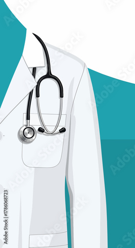 Close-up illustration of a doctor wearing a white coat with a stethoscope around the neck, medical professional concept
