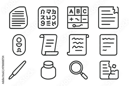 Cultural Linguistics Icons. Line style icons of Cultural Linguistics: Rosetta Stone, Undeciphered Script, Linguistic Puzzle,