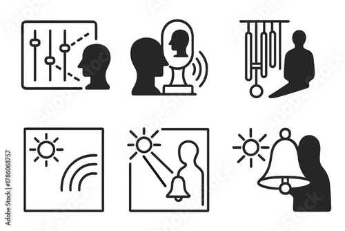 Sound and Shadow Fusion. Line style icons of sound shadow fusion: shadow-responsive tone panel, echo and silhouette sculpture,