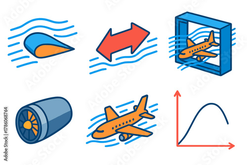 Aerodynamics Icon Set. Isometric vector illustration set Aerodynamics of Flight: airplane wing lift diagram, drag force arrow,