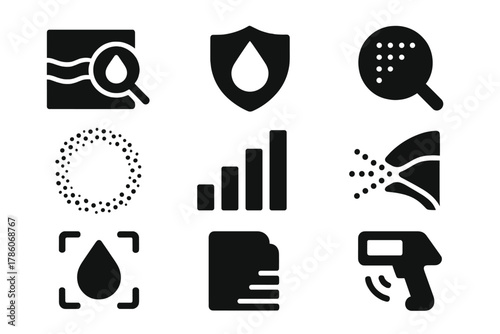 Spray Residue Icons. Solid style icons of spray residue detection: layered paint scan glyph, pigment age icon, forensic droplet