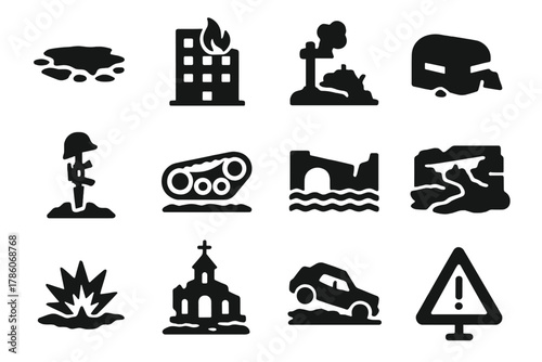 Conflict Landscape Icons. Solid style icons of conflict landscapes: crater hole, burned building, battlefield cross, ruined bunker
