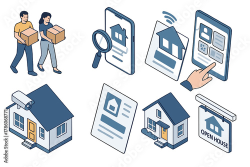 Real Estate Isometric Scenes. Isometric vector illustration set of Real Estate: couple with moving boxes, real estate search app,