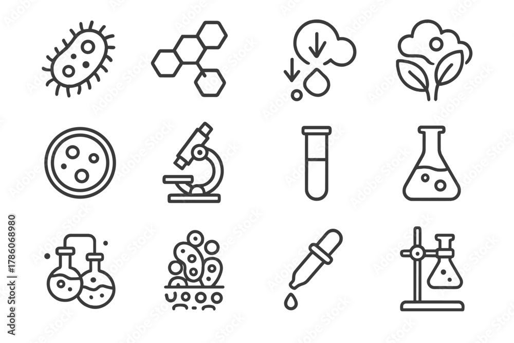 Fototapeta premium Biotech Icons. Line style icons of Environmental Biotechnology: Bacterium, Polymer Chain, Breakdown, Solution to Pollution; Petri