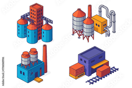 Industrial Skyline. Isometric vector illustration set Skyscraper silhouettes – industrial silo conversion, repurposed grain bins,