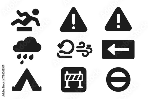 Race Event Icons. Solid style icons of unexpected race events: trip hazard in reverse icon, flipped caution badge, alert zone