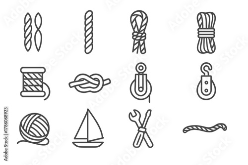 Nautical Rope Icons. Line style icons of Nautical Rope Work: Twisting Fibers, Hemp, Sailor's Craft, Coil; Rope Spool, Knot, Pulley