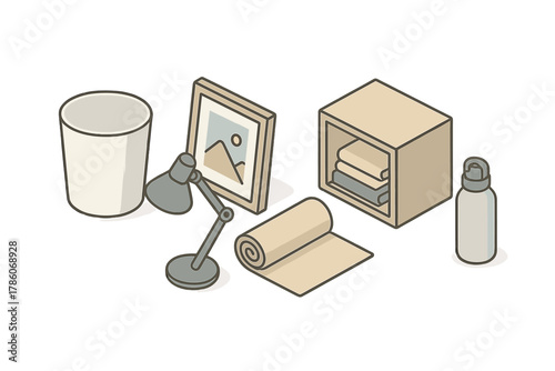 Minimalist Living Essentials. Isometric vector illustration set Minimalist living: plain white waste bin, single framed photo,