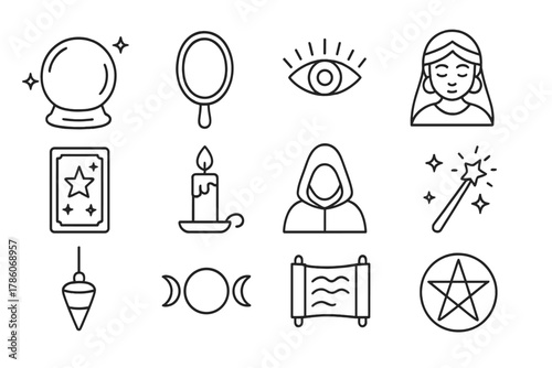 Mystic Fortune Icons. Line style icons of Fortune Telling: Crystal Sphere, Obsidian Mirror, Vision, Mystic Reader; Tarot Card,
