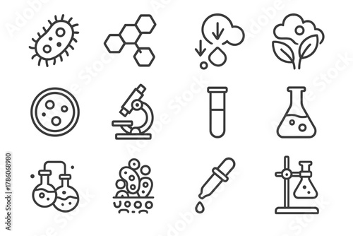 Biotech Icons. Line style icons of Environmental Biotechnology: Bacterium, Polymer Chain, Breakdown, Solution to Pollution; Petri