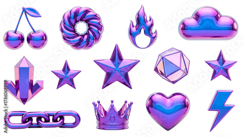 3d glass holographic y2k abstract shape icon set - heart, flame, stars, cherry, lightning, crown, chain, arrow, polygon, spiral line, sphere with neon gradient isolated on trasparent background