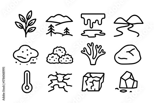 Tundra Climate Icons. Line style icons of Climate Impact on Tundra: Shrub Expansion, Tundra, Permafrost Melt, Landscape Shift;