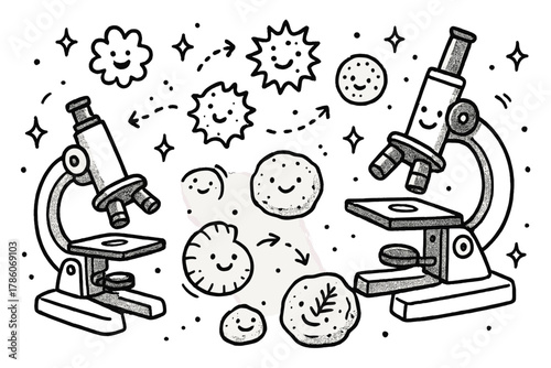 Whimsical Palynology Lab. Whimsical doodle palynology lab with smiling microscopes, cartoon pollen grains bouncing, cheerful