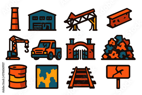 Forgotten Industry Icons. Flat vector icons of Forgotten Industry: smokestack, derelict warehouse, collapsed conveyor, rusted