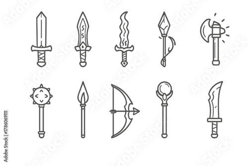 Mystical Weapon Icons. Line style icons of mystical weapons: enchanted sword, runed dagger, cursed blade, glowing axe; spiked mace