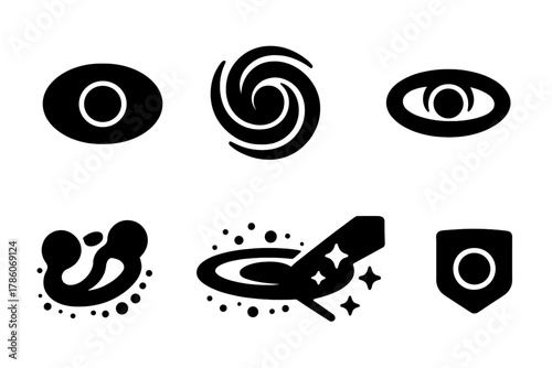 Black Hole Icons. Solid style icons of black hole types in photos: stellar-mass shadow, supermassive swirl, rotating horizon frame