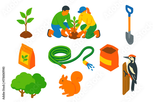 Climate Action Icons. Isometric vector illustration set Climate action – forest sapling, reforestation team, tree-planting shovel;