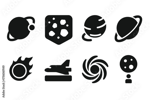 Space Icons Collection. Solid style icons of space and planetary simulations: orbit path icon, asteroid field badge, star map