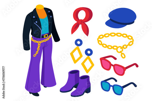 Street Fashion Icons. Isometric vector illustration set Street fashion – flared jeans, fitted tank, moto jacket; newsboy cap, silk