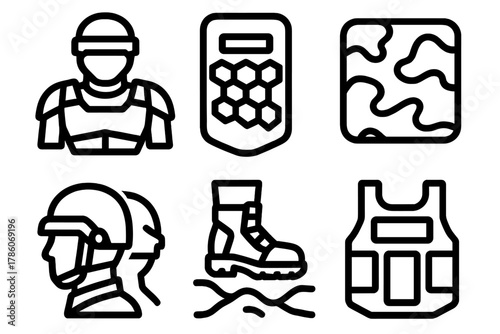 Futuristic Military Armor Icons. Line style icons of Programmable Matter: military adaptive armor, ballistic-responsive shield,