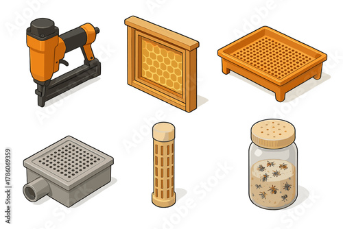Beekeeping Tools Isometric. Isometric vector illustration set Beekeeping tools: frame nailer tool, bee observation window, plastic