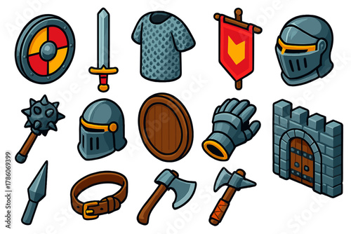 Viking Battle Gear Icons. Isometric vector illustration set Sword & Shield: decorated Viking round shield, double-edged longsword,