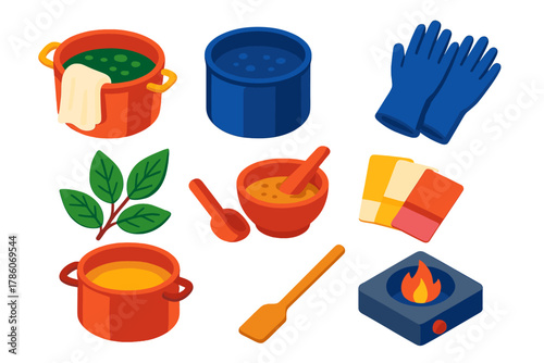 Sustainable Fashion Icons. Isometric vector illustration set Sustainable fashion – plant-based dye bath, indigo vat, dyer’s gloves