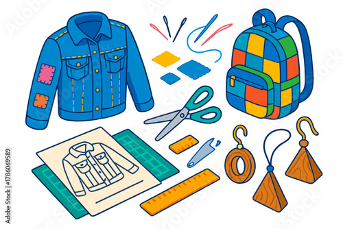 Ethical Fashion Icons. Isometric vector illustration set Ethical shopping – upcycled denim jacket, patchwork backpack, reclaimed