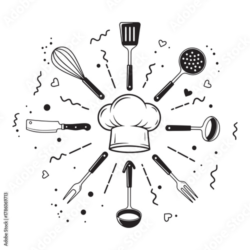 Hand drawn illustration of chef hat surrounded by various kitchen utensils and decorative elements in a radial pattern