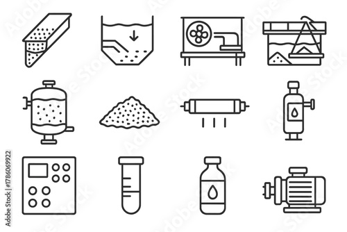 Water Treatment Icons. Line style icons of water treatment: filter screen, settling tank, aeration blower, sludge scraper; sand