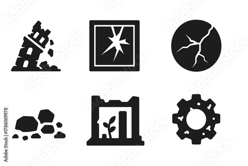 Decayed Architecture Icons. Solid style icons of decayed architecture: collapsed tower glyph, shattered window icon, cracked wall