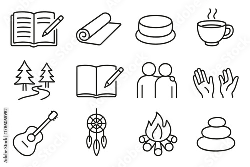 Integration Practices Icons. Line style icons of integration practices: journal, yoga mat, meditation cushion, teacup; forest walk