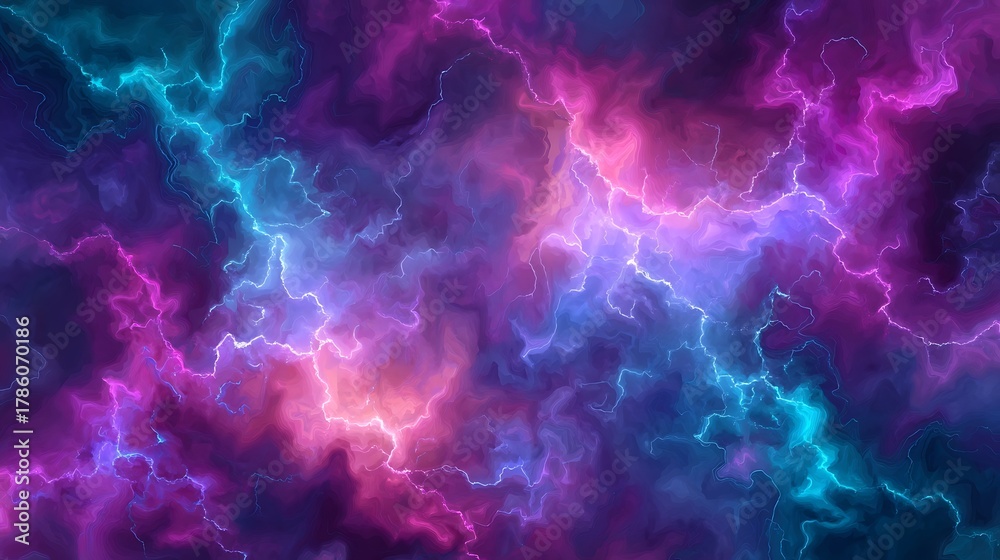 Fototapeta premium Vivid Purple Blue Lightning Storm Cloud Pattern in Dark Sky