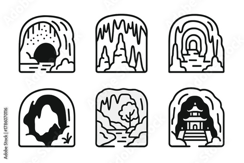 Global Caves Line Icons. Line style icons of caving across the world: Waitomo glowworm cave, Carlsbad Caverns, Mammoth Cave system
