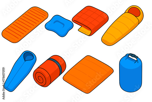 Camping Essentials Icons. Isometric vector illustration set Camping essentials – sleeping pad, inflatable pillow, camping quilt;