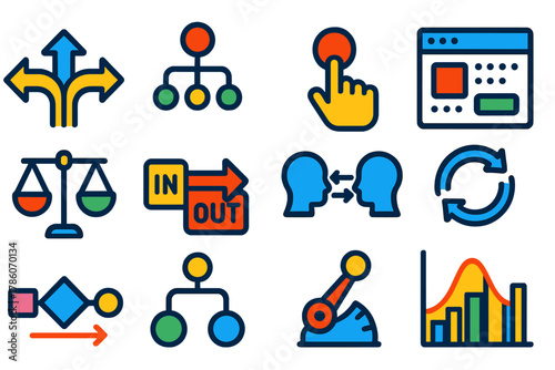 Decision-Making Icons. Flat vector icons of human decision-making with technology: choice arrow, decision tree, hand on button,