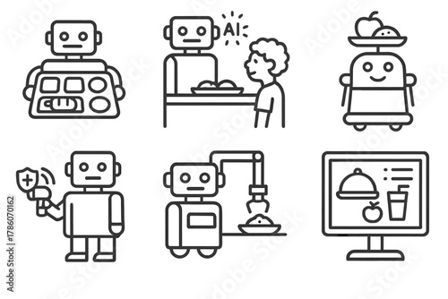 Robotics in Cafeteria Icons. Line style icons of robotics in school cafeterias: food tray robot, AI lunch line monitor,