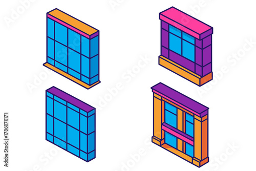 Bold Facade Designs. Isometric vector illustration set Facades – curtain wall, curtain glazing, spandrel panel; mullion grid,