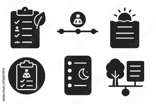 Retreat Agenda Icons. Solid style icons of retreat agendas: daily schedule with leaf, retreat program timeline, sunrise-to-sunset