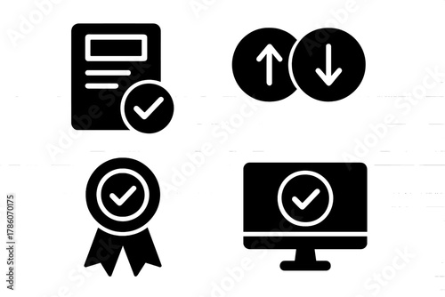 Quantum Verification Icons. Solid style icons of teleportation verification: test result checkmark, entangled match symbol,