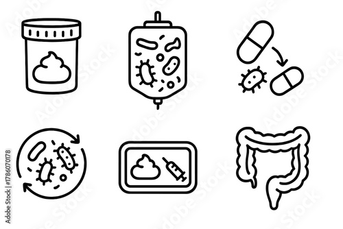 Microbiota Transplant Icons. Line style icons of Fecal Microbiota Transplants: donor stool sample, microbiota infusion bag,