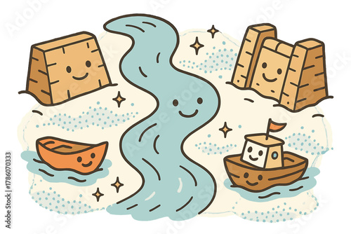 Joyful Flood Monitoring. Friendly doodle flood monitoring illustration with happy rivers, cartoon levees smiling, cheerful boats