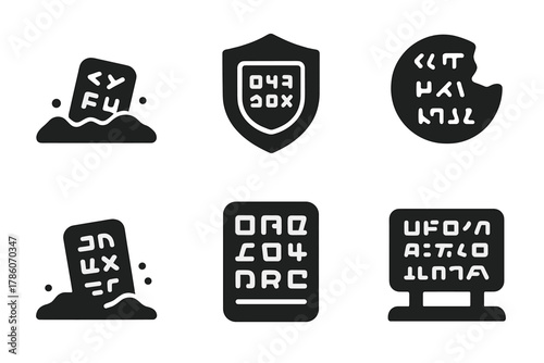Ancient Language Icons. Solid style icons of lost language archaeology: buried glyph icon, ancient code badge, fragment ring.